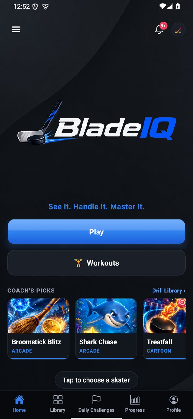 BladeIQ home screen with Play, Workouts, and Coach's Picks