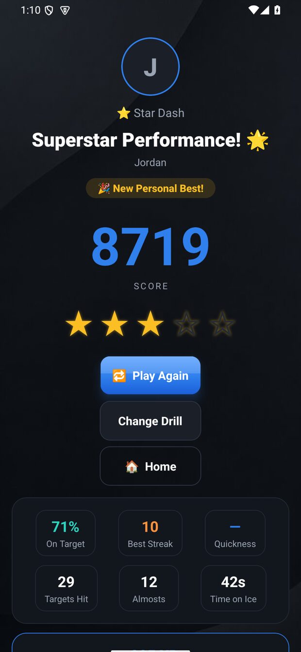 BladeIQ results screen showing score, stars, and stats